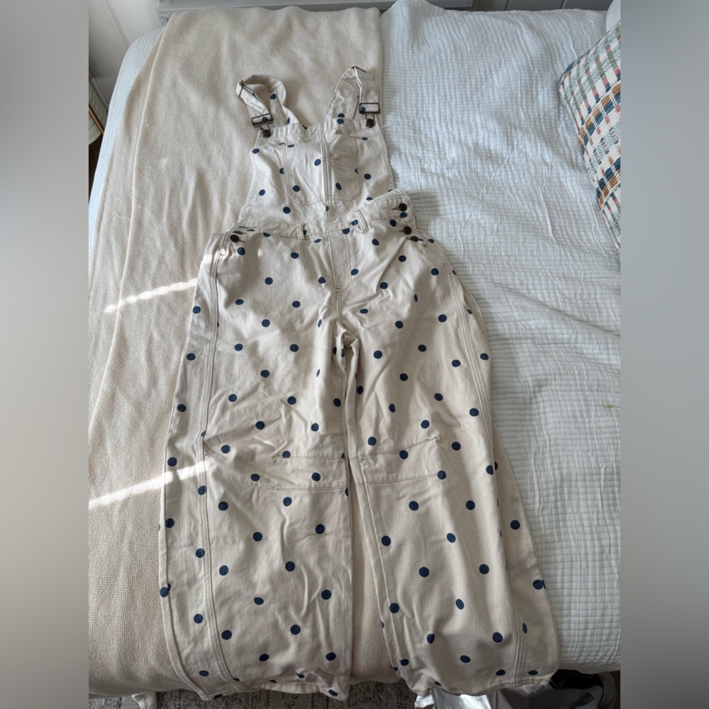 Peach Love California Polka Dot barrel overalls - Cream and Blue